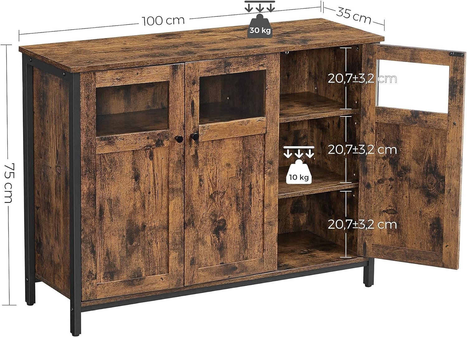 Industrial Style Sideboard, Buffet Table, Storage Cabinet with Glass Doors