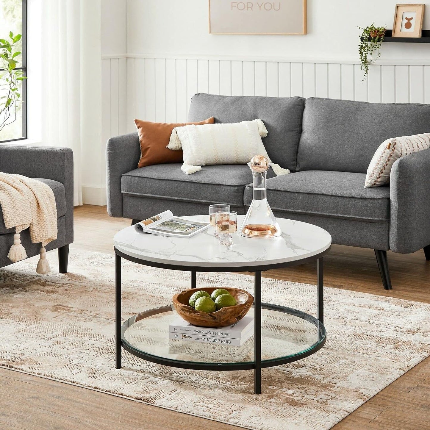 Modern Marble Coffee Table with Tempered Glass Shelf - Easy Assembly, Stylish Living Room Centerpiece in Marble White and Black