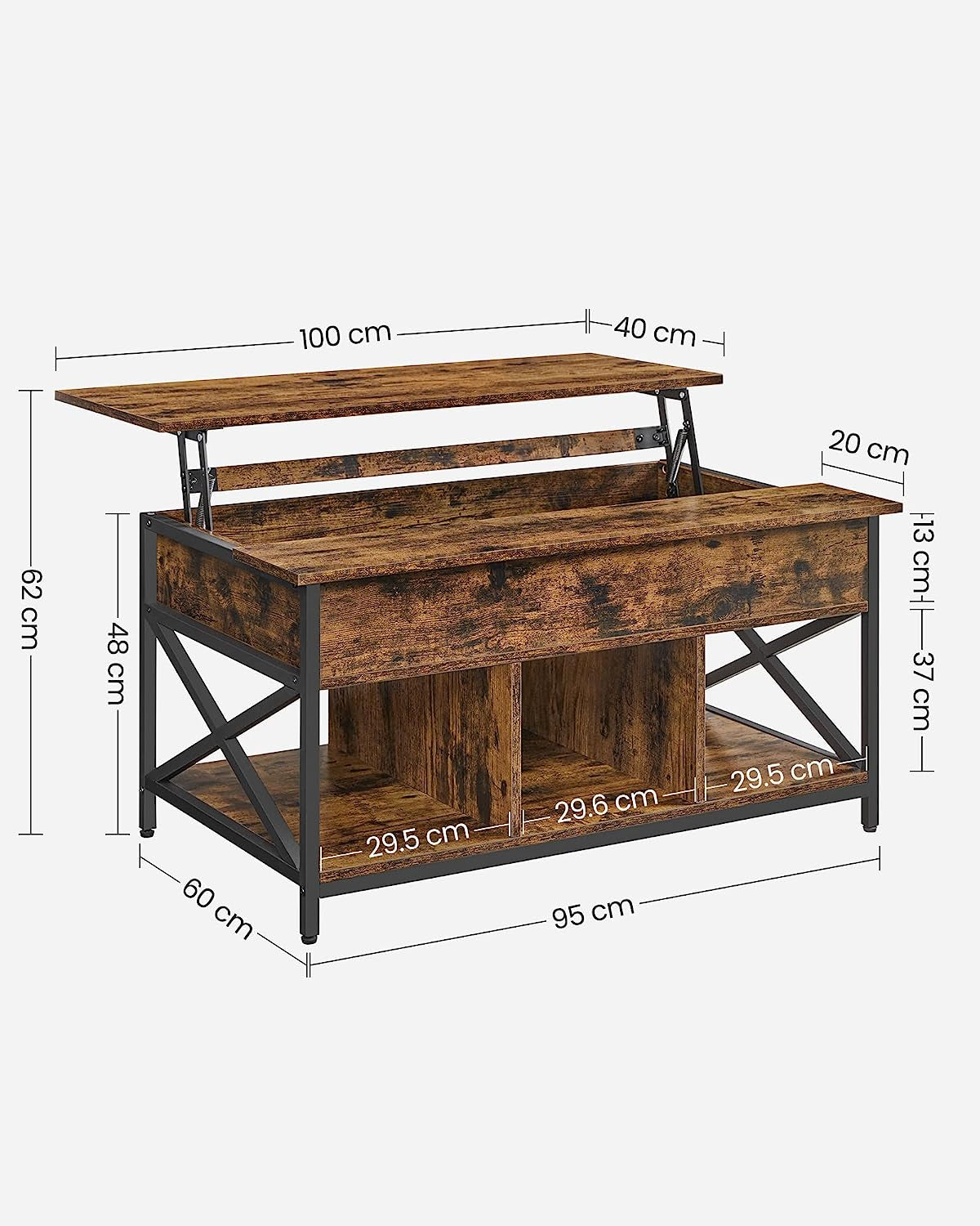 Rustic Brown Lift-Top Coffee Table with Hidden Storage and X-Shaped Bars