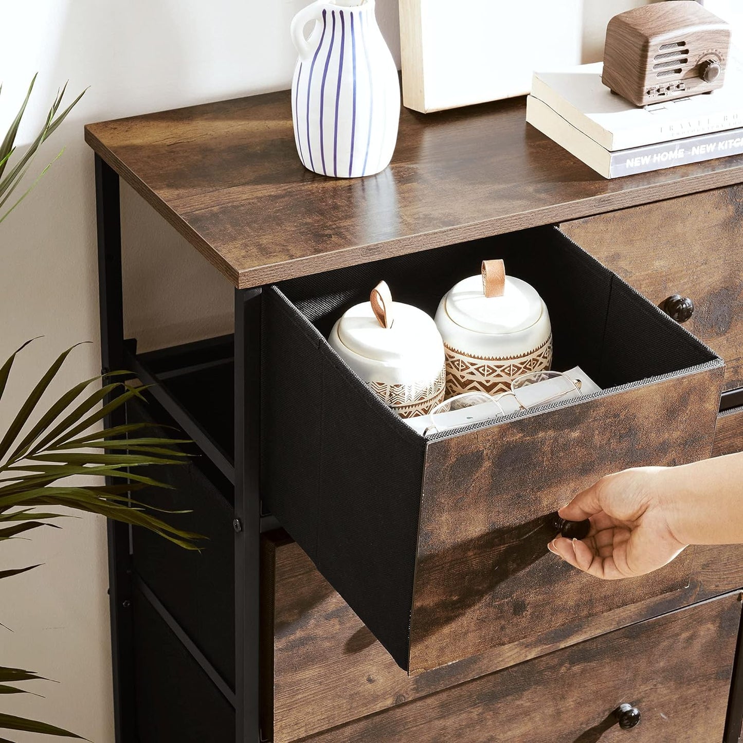 Industrial Style Chest of Drawers, Fabric 5-Drawer Storage Organiser Unit