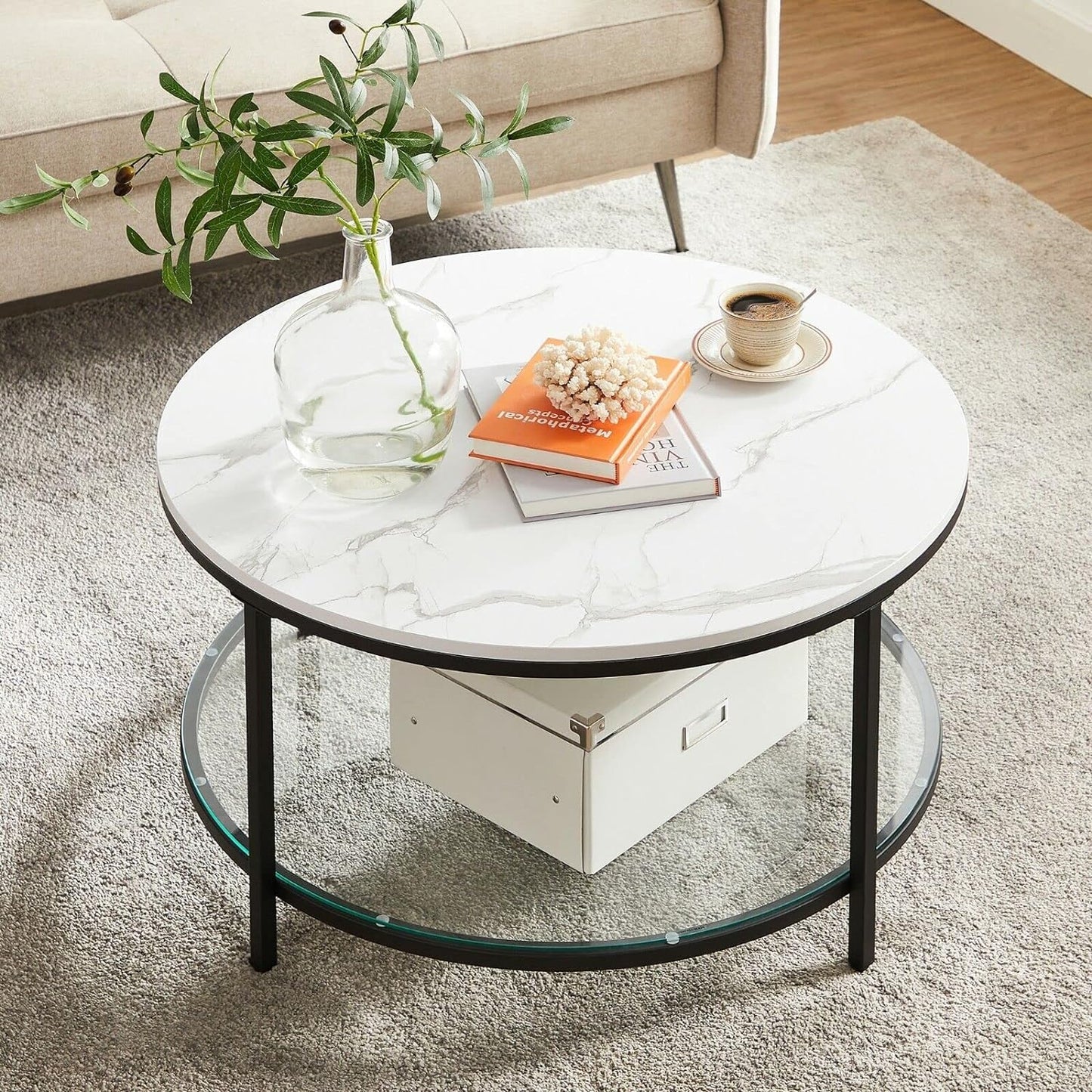 Modern Marble Coffee Table with Tempered Glass Shelf - Easy Assembly, Stylish Living Room Centerpiece in Marble White and Black