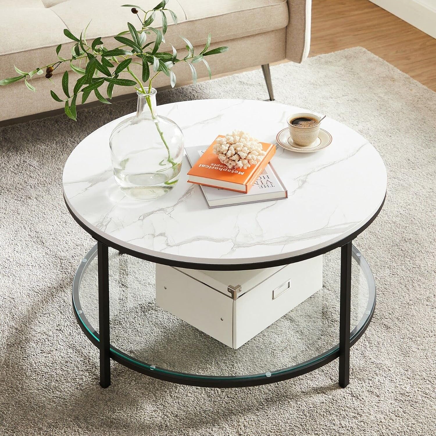 Modern Marble Coffee Table with Tempered Glass Shelf - Easy Assembly, Stylish Living Room Centerpiece in Marble White and Black