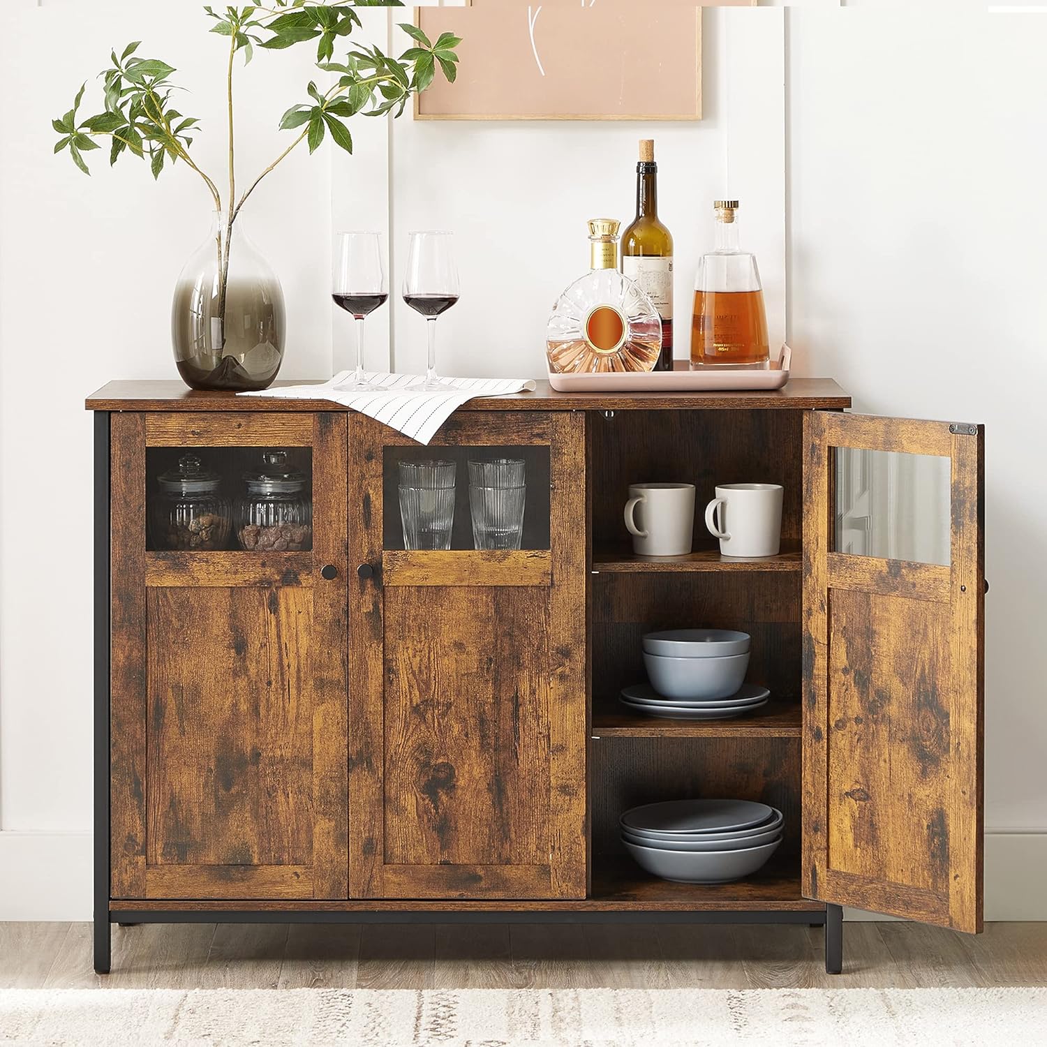 Industrial Style Sideboard, Buffet Table, Storage Cabinet with Glass Doors