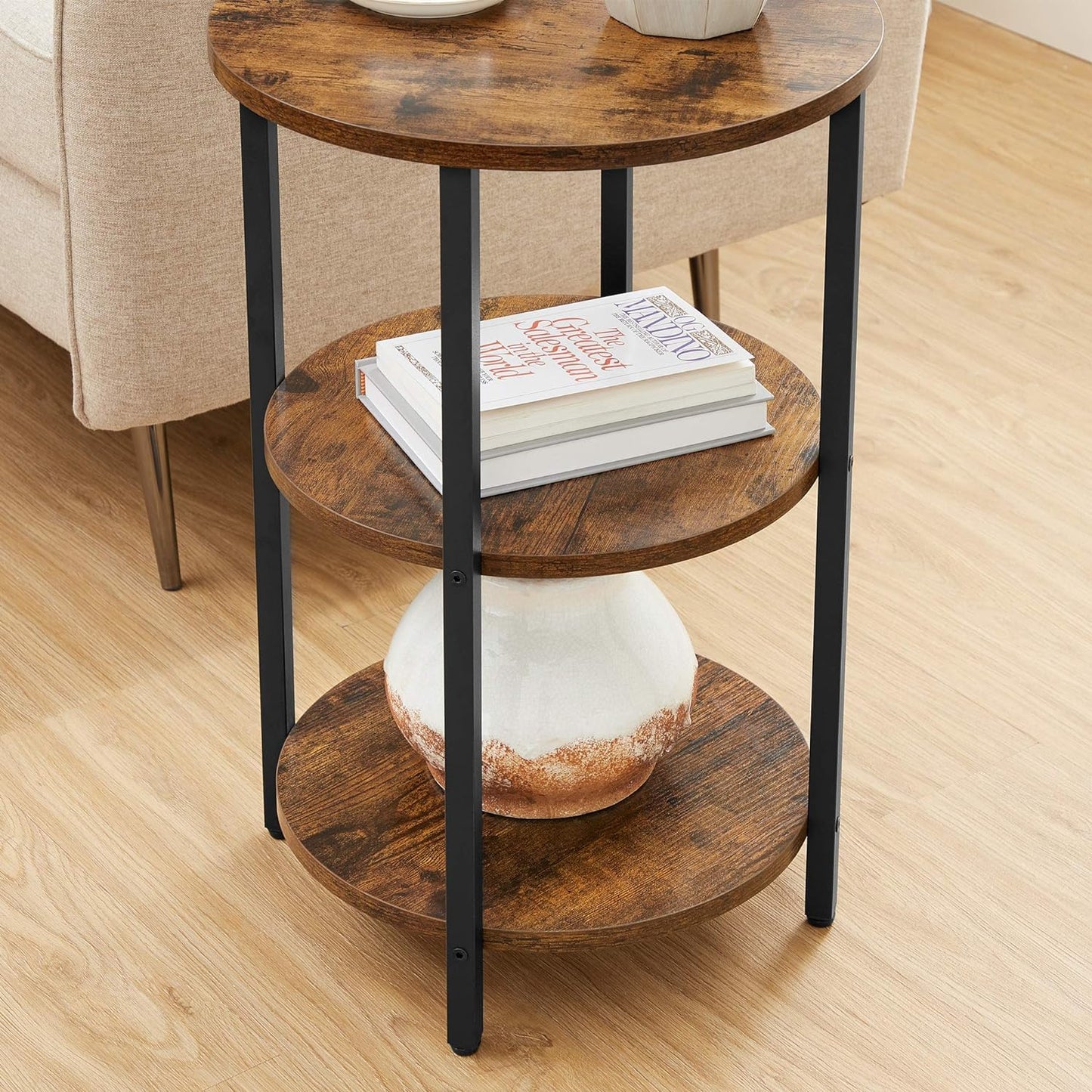 Industrial Style 3-Tier Sofa Side Table, round Coffee End Table