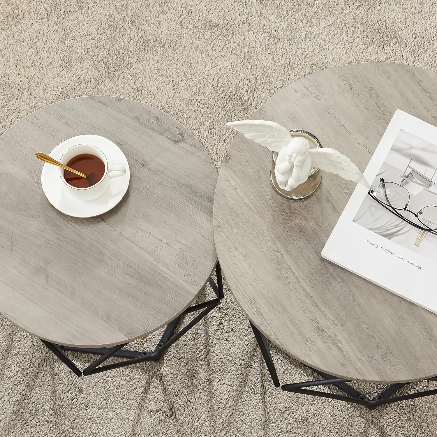 Industrial Style Chic Round Coffee Tables Set - 2 Side Tables with Removable Tabletop