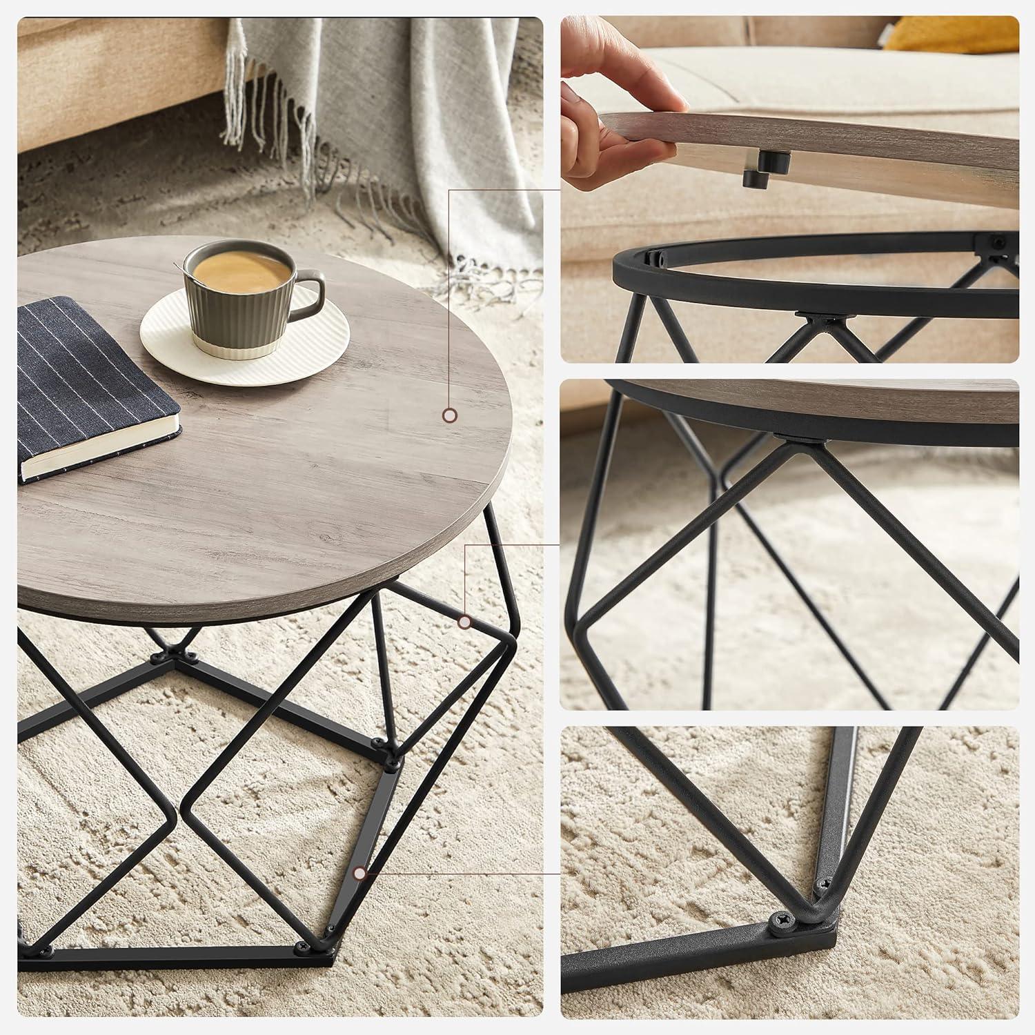 Industrial Style Chic Round Coffee Tables Set - 2 Side Tables with Removable Tabletop