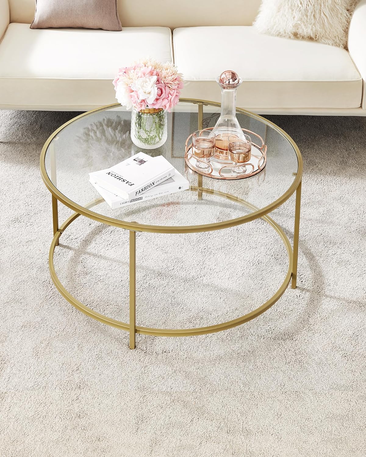 Luxurious Metallic Gold Round Coffee Table - Modern Glass Top with Metal Frame for Elegant Living Rooms