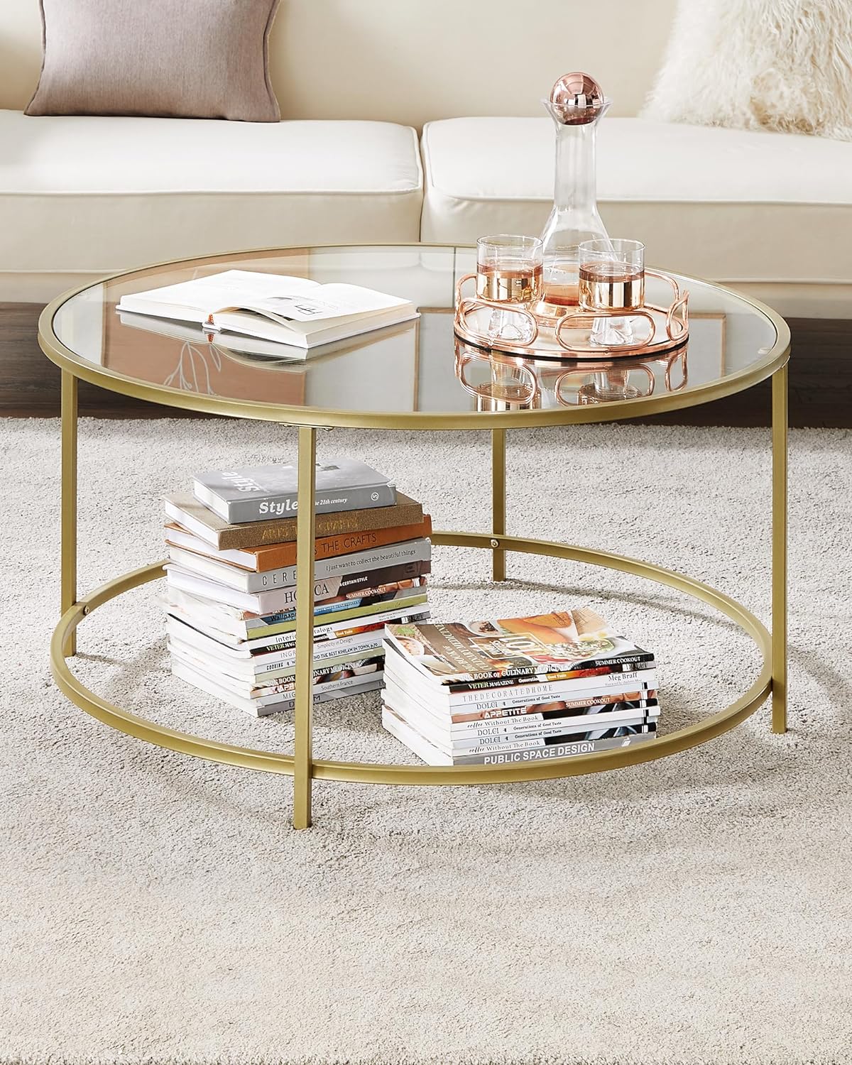 Luxurious Metallic Gold Round Coffee Table - Modern Glass Top with Metal Frame for Elegant Living Rooms