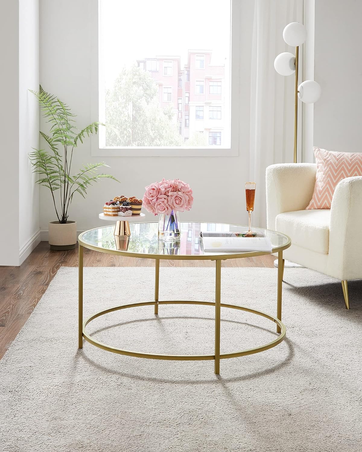 Luxurious Metallic Gold Round Coffee Table - Modern Glass Top with Metal Frame for Elegant Living Rooms