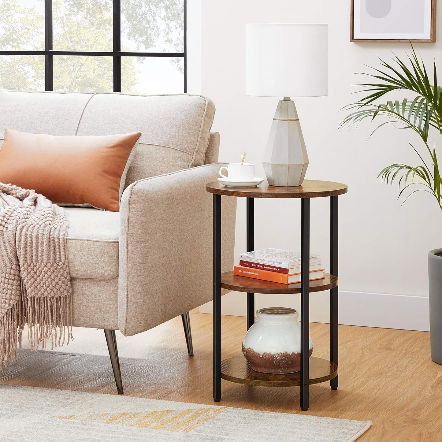 Industrial Style 3-Tier Sofa Side Table, round Coffee End Table