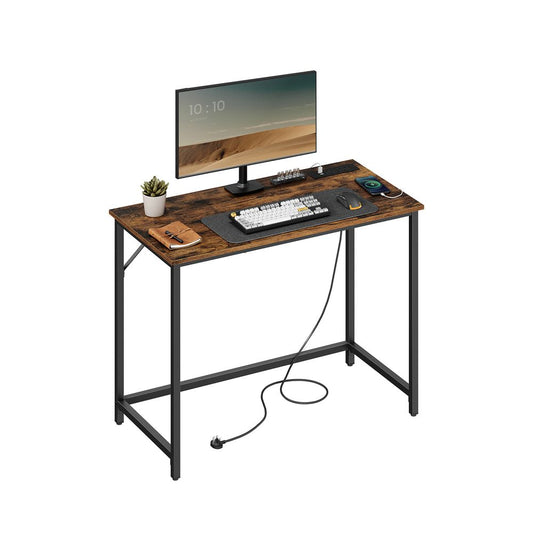 Industrial Style Computer Desk with LED Lights and Built-In Power Outlets