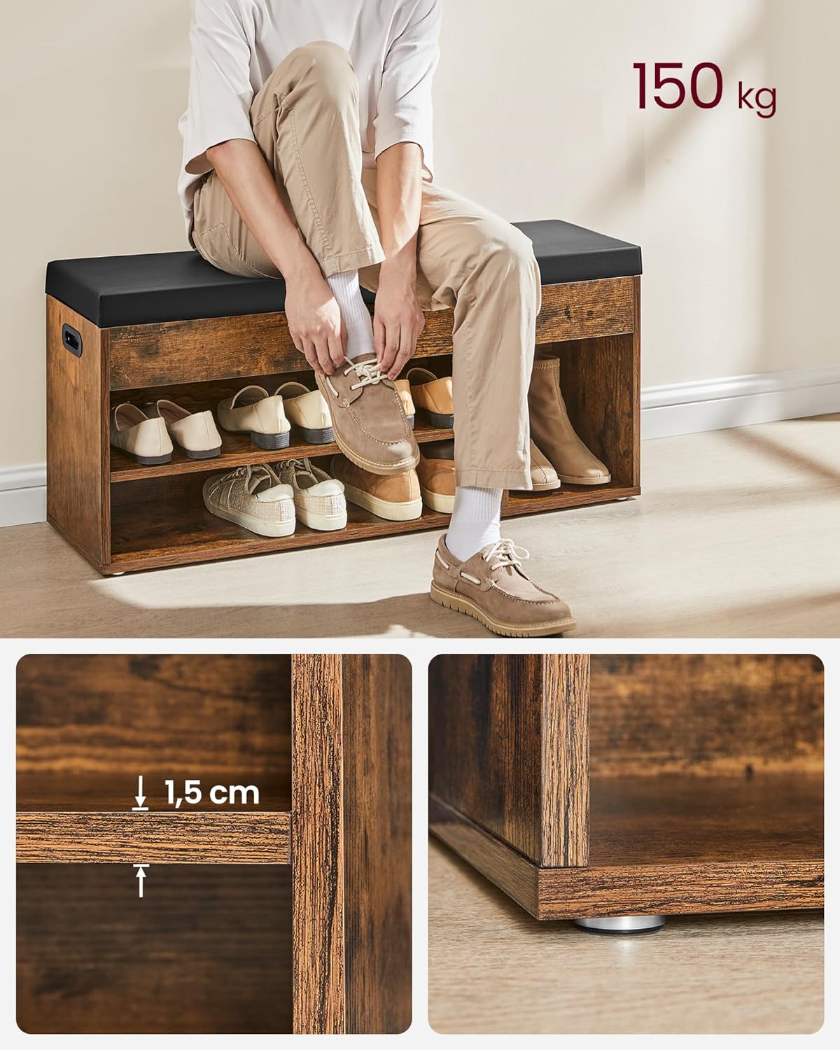 Industrial Shoe Bench with Cushion, Storage Bench with Padded Seat