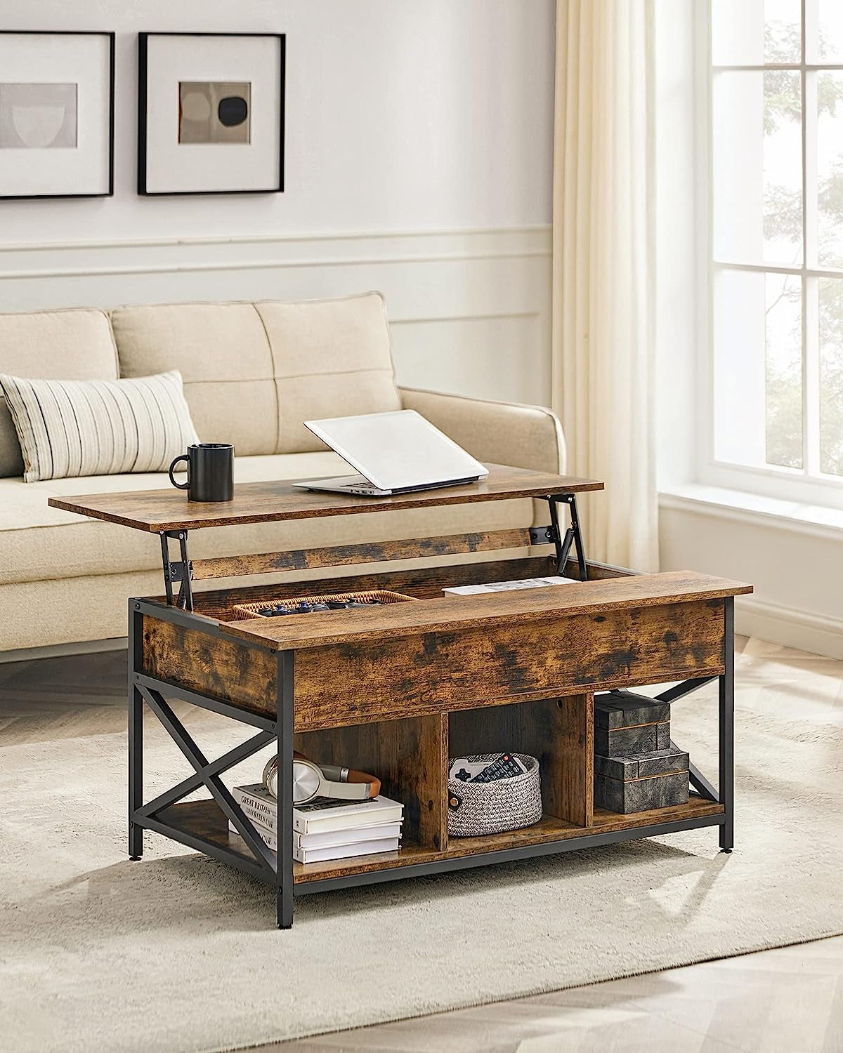 Rustic Brown Lift-Top Coffee Table with Hidden Storage and X-Shaped Bars