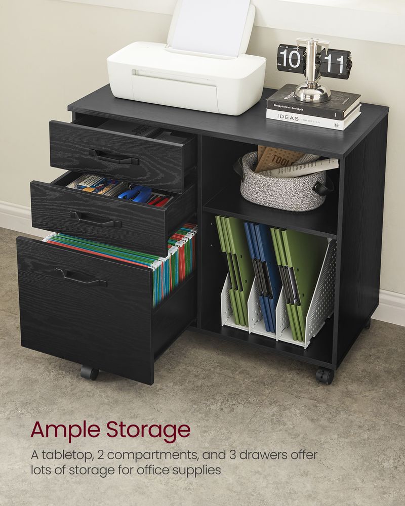 3-Drawer File Cabinet Mobile Lateral Filing Cabinet Open Compartments