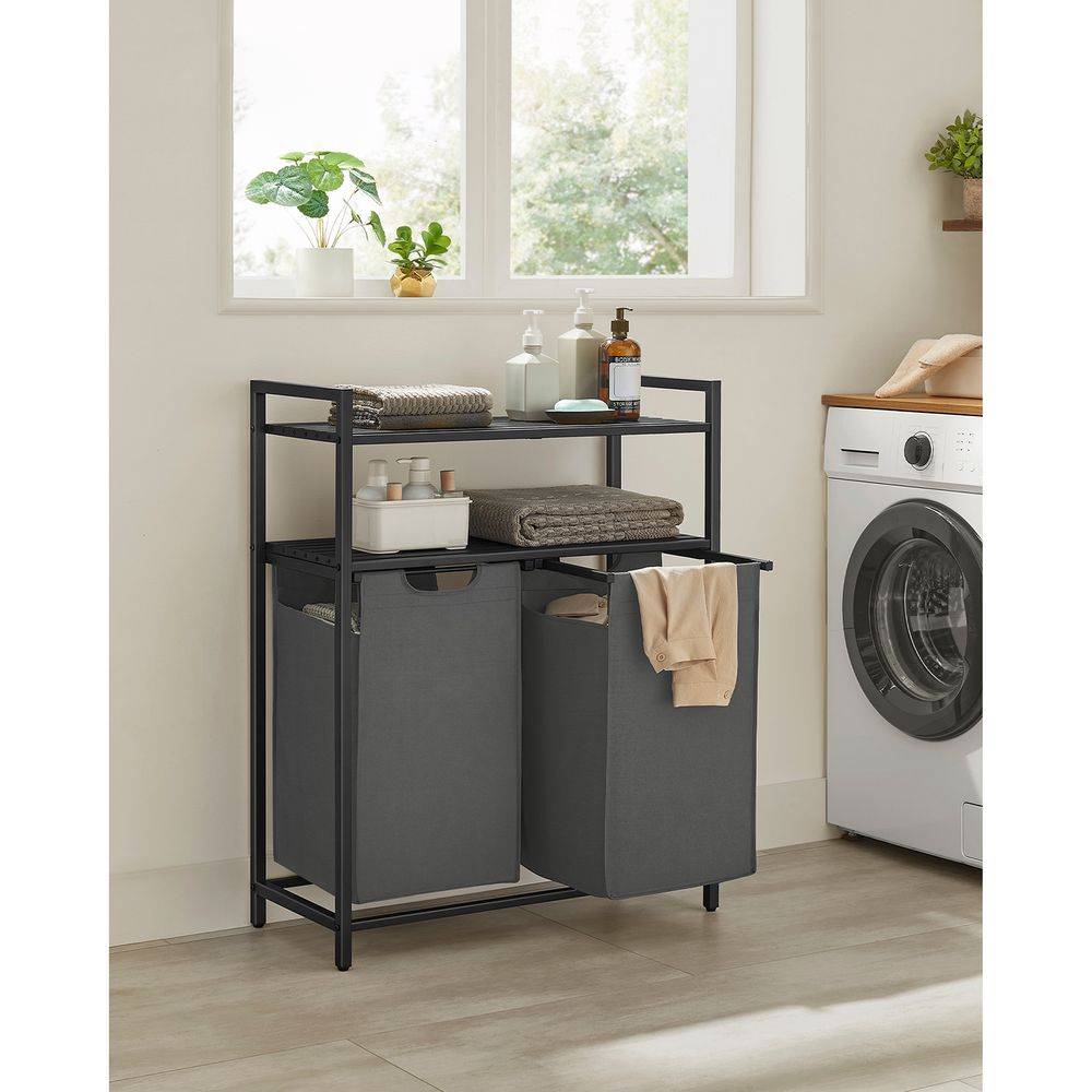 2 x 46L Laundry Basket with 2 Shelves Black and Grey