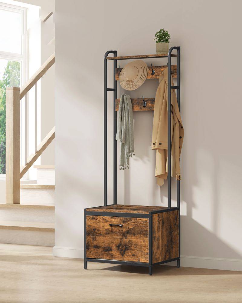 Industrial Style Coat Rack with Shoe Storage, Hall Tree with Bench