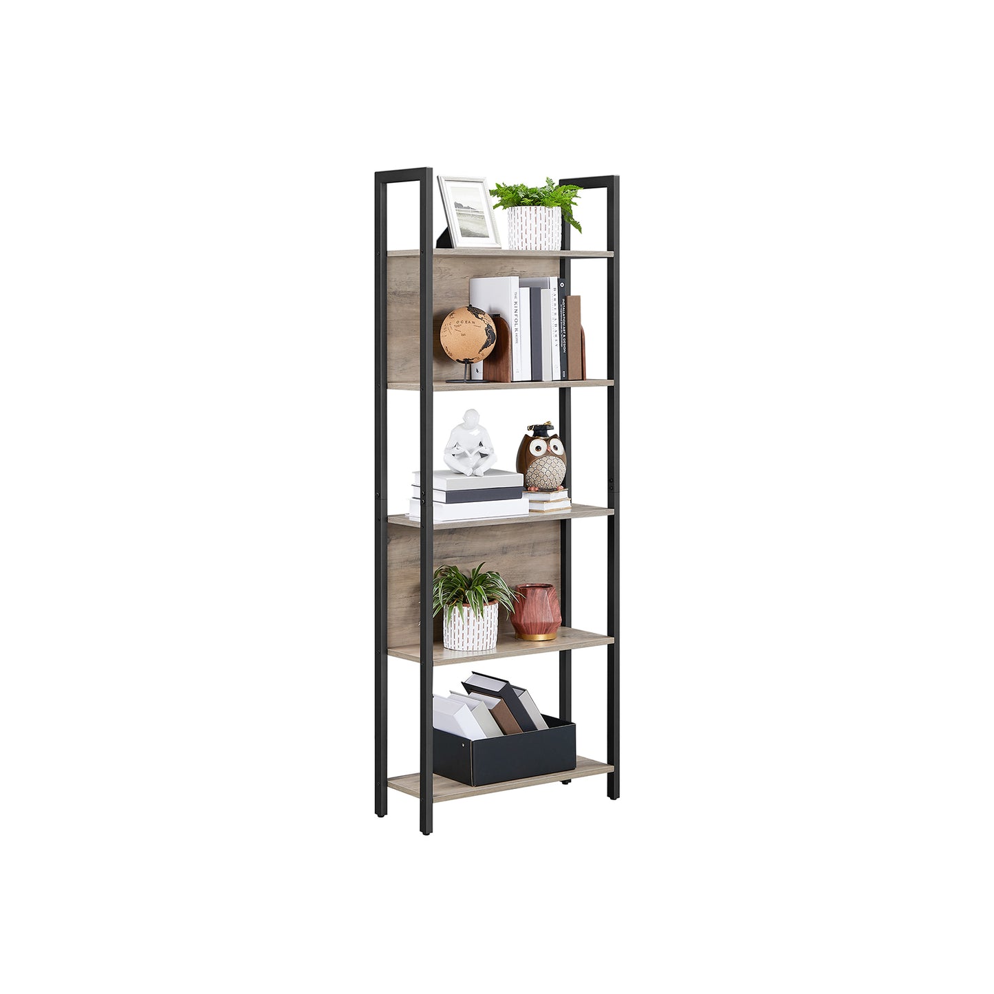 Industrial Style Greige Bookshelf with 5 Shelves