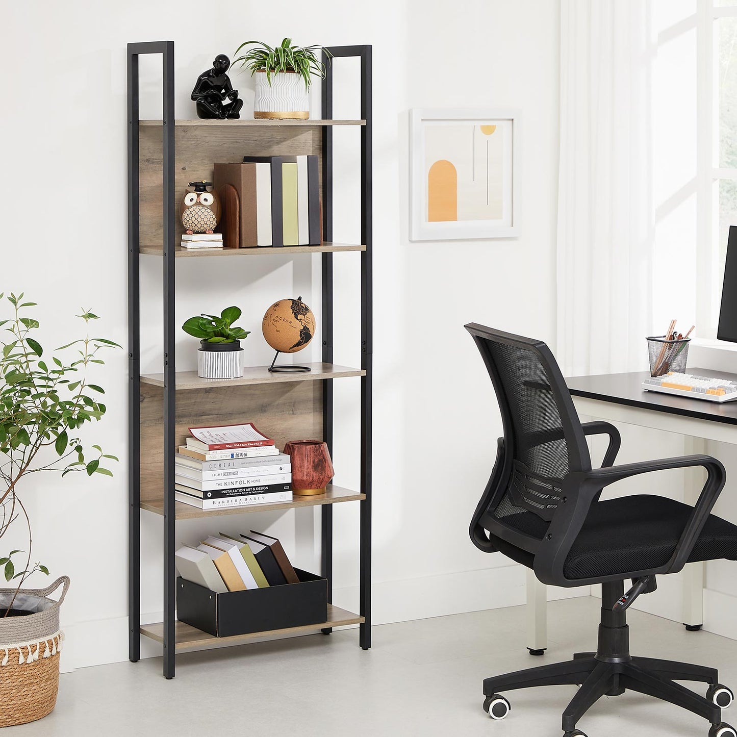 Industrial Style Greige Bookshelf with 5 Shelves