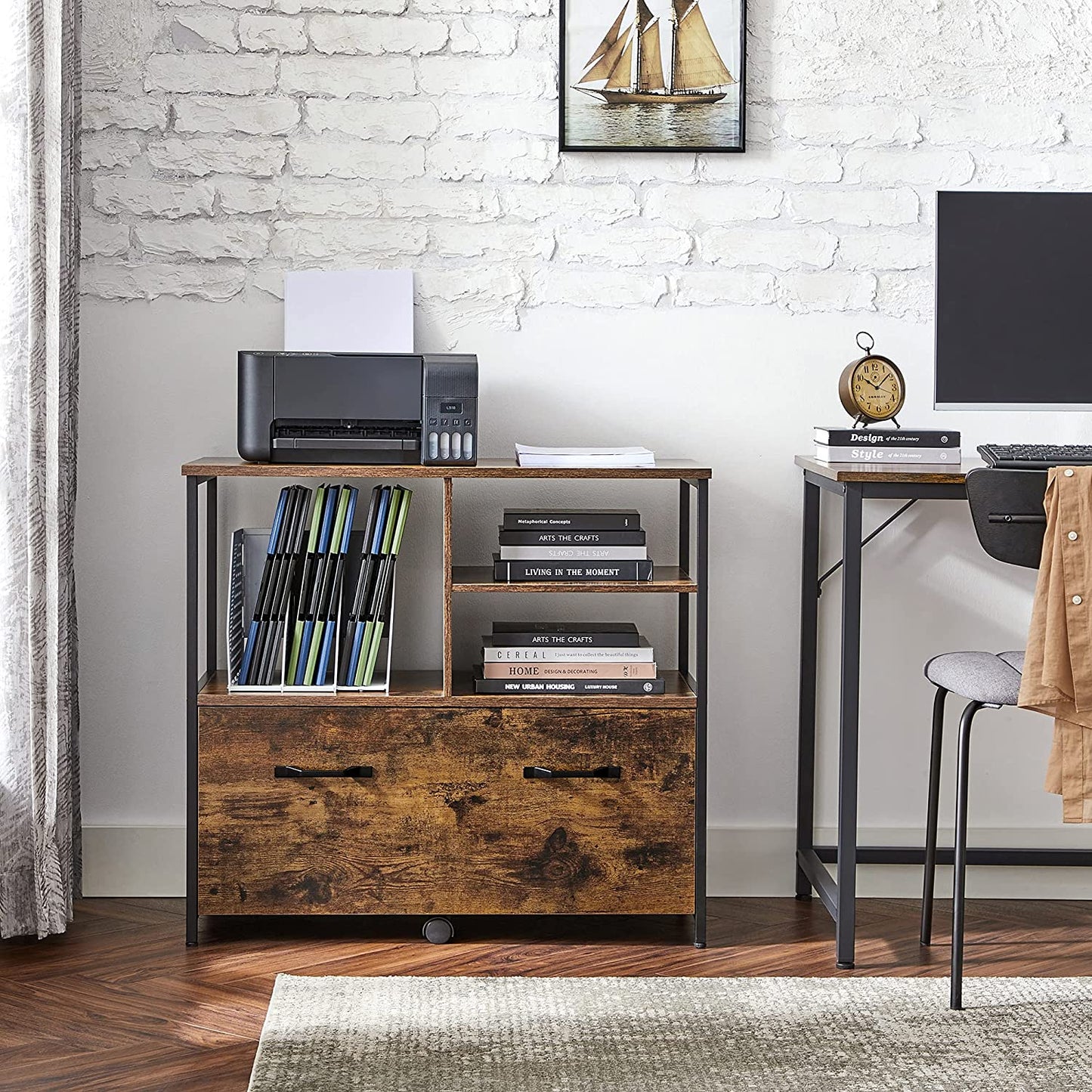 Industrial Brown Mobile Filing Cabinet with Shelves