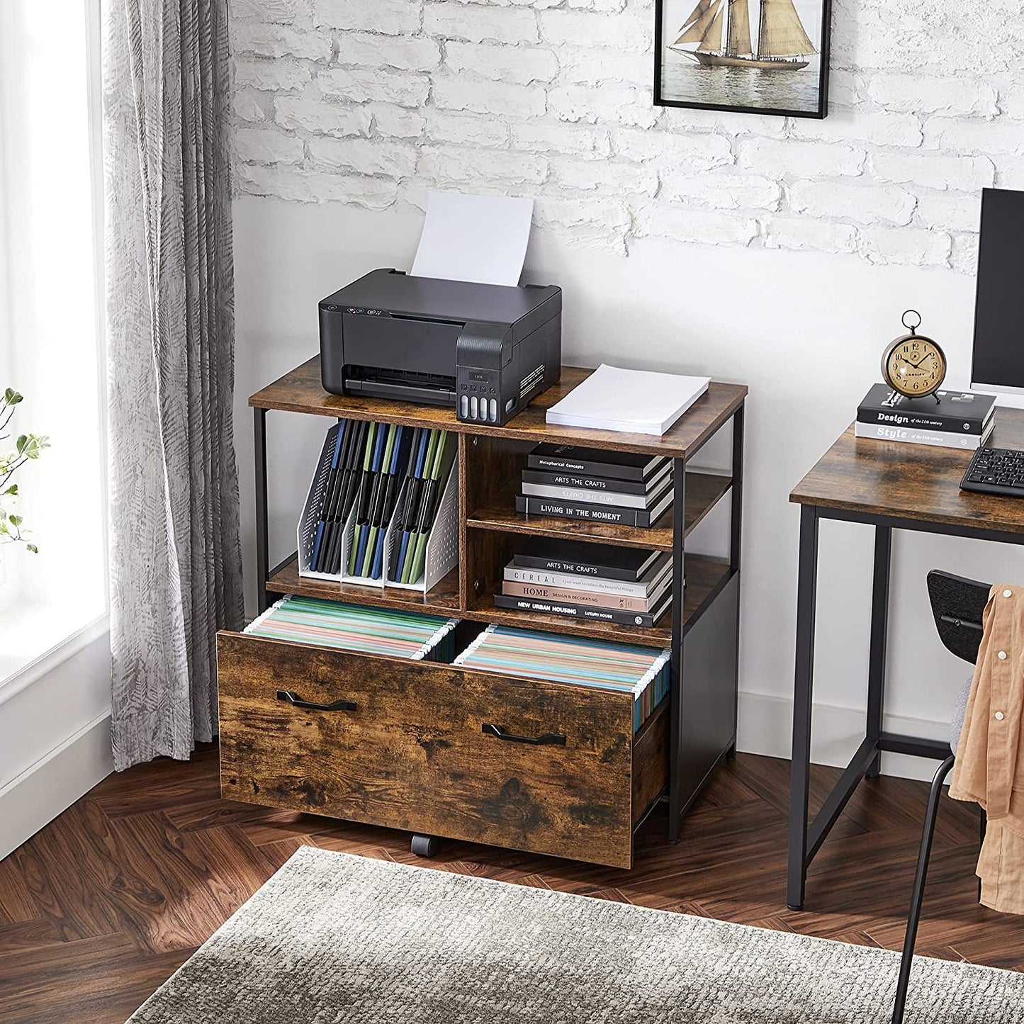 Industrial Brown Mobile Filing Cabinet with Shelves