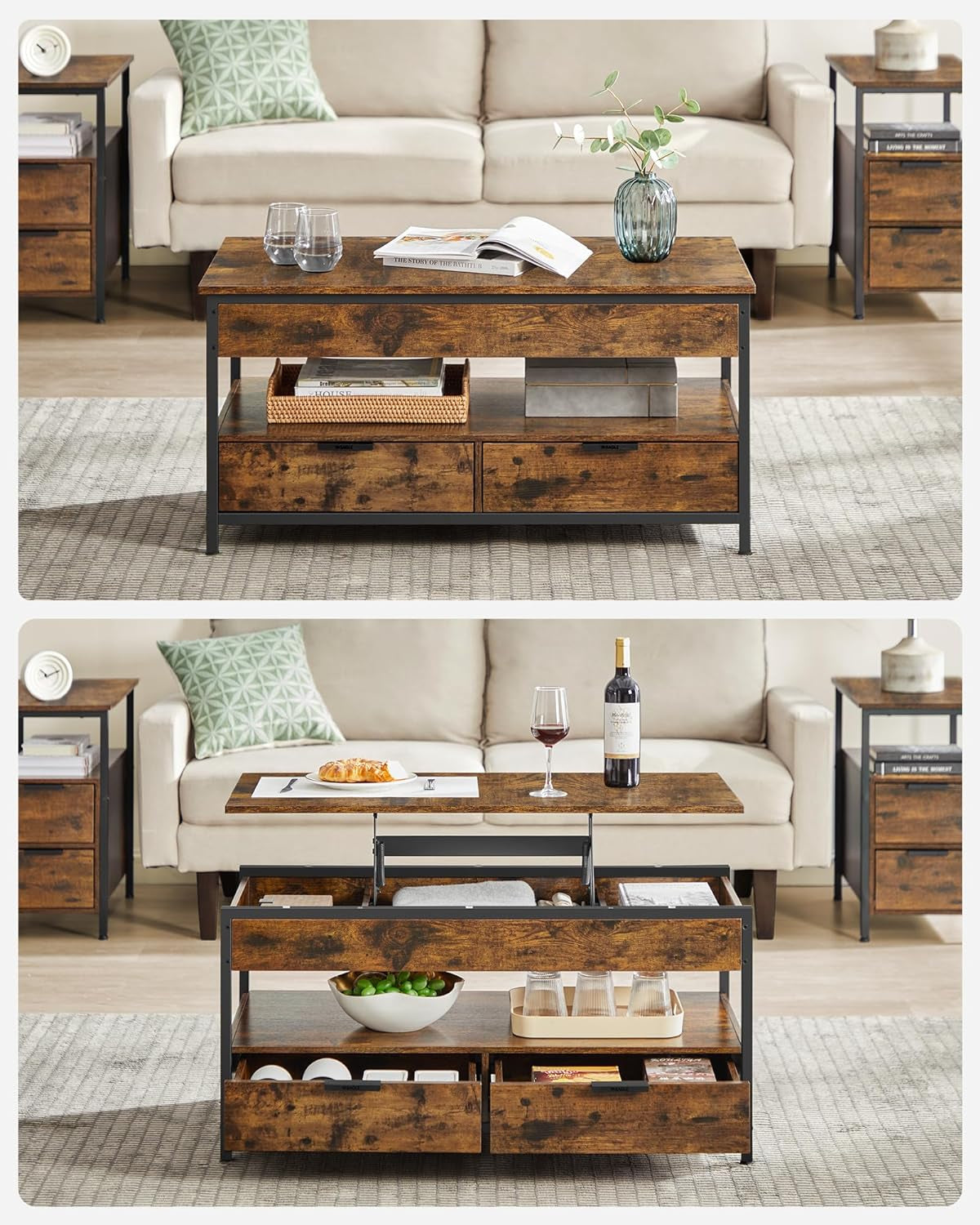 Rustic Brown Lift Top Coffee Table with Hidden Storage and Drawers