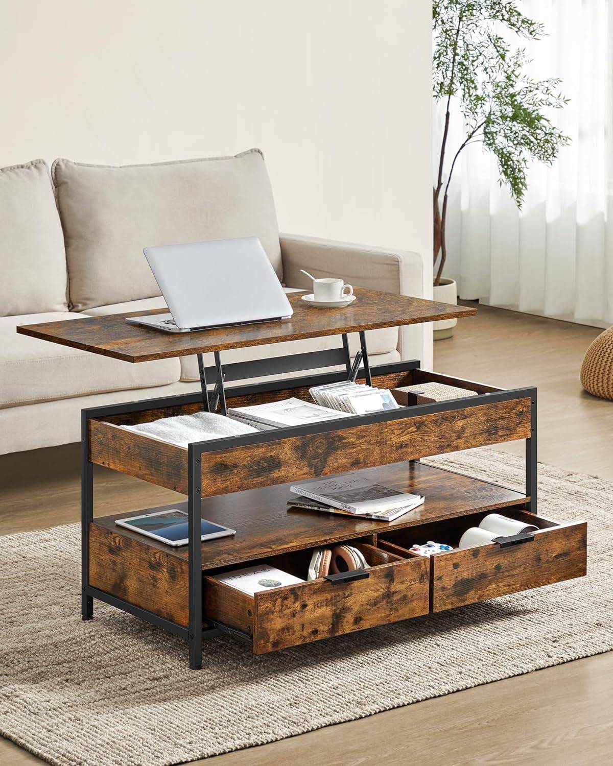 Rustic Brown Lift Top Coffee Table with Hidden Storage and Drawers