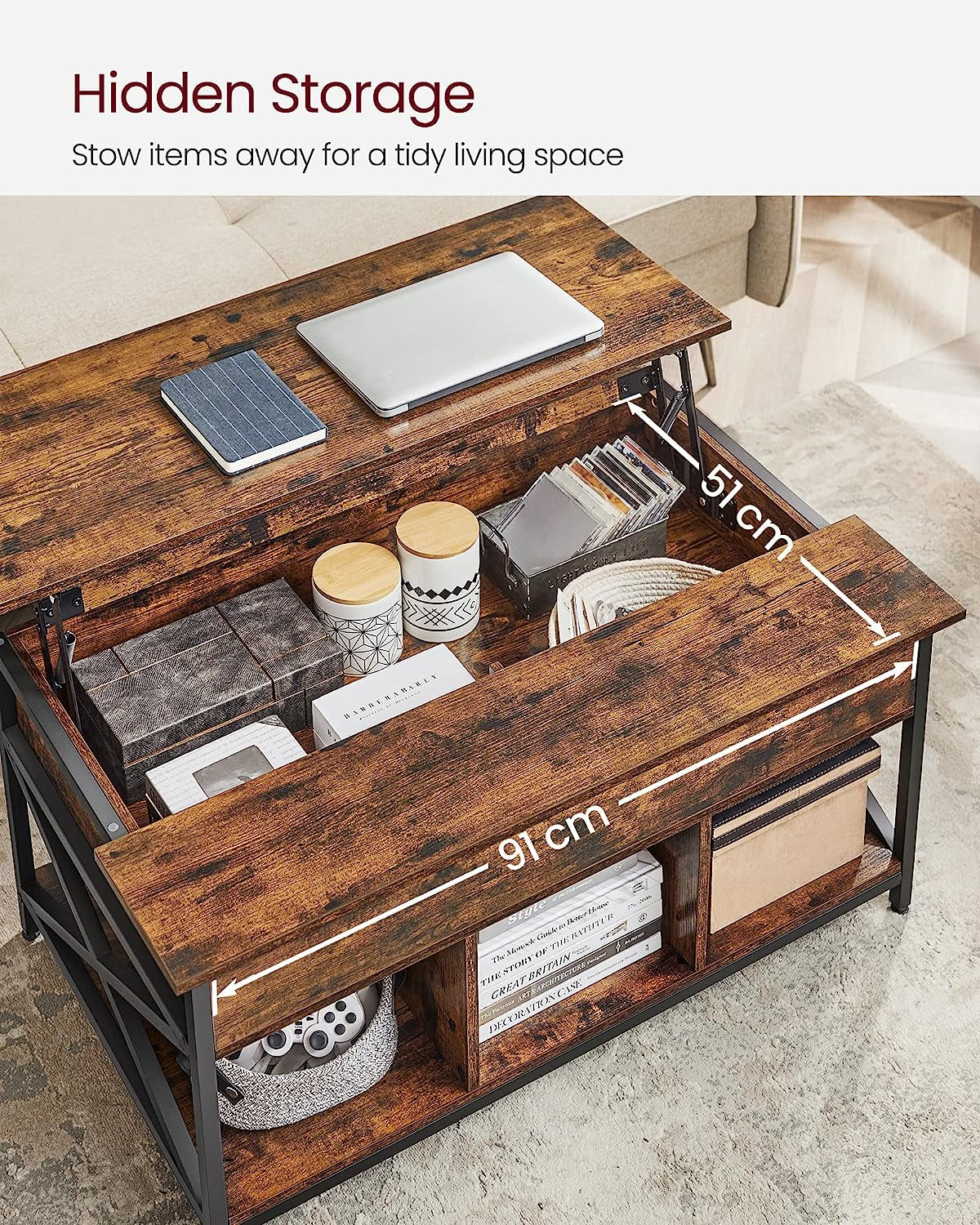 Rustic Brown Lift-Top Coffee Table with Hidden Storage and X-Shaped Bars