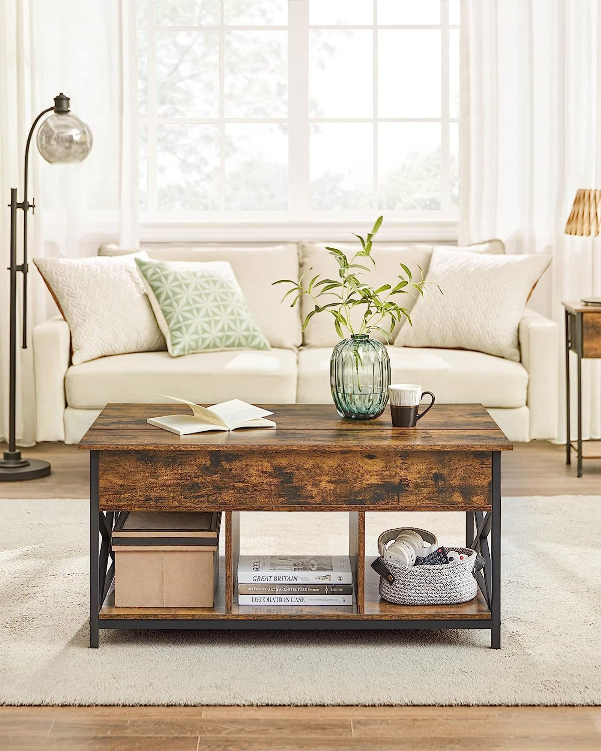 Rustic Brown Lift-Top Coffee Table with Hidden Storage and X-Shaped Bars