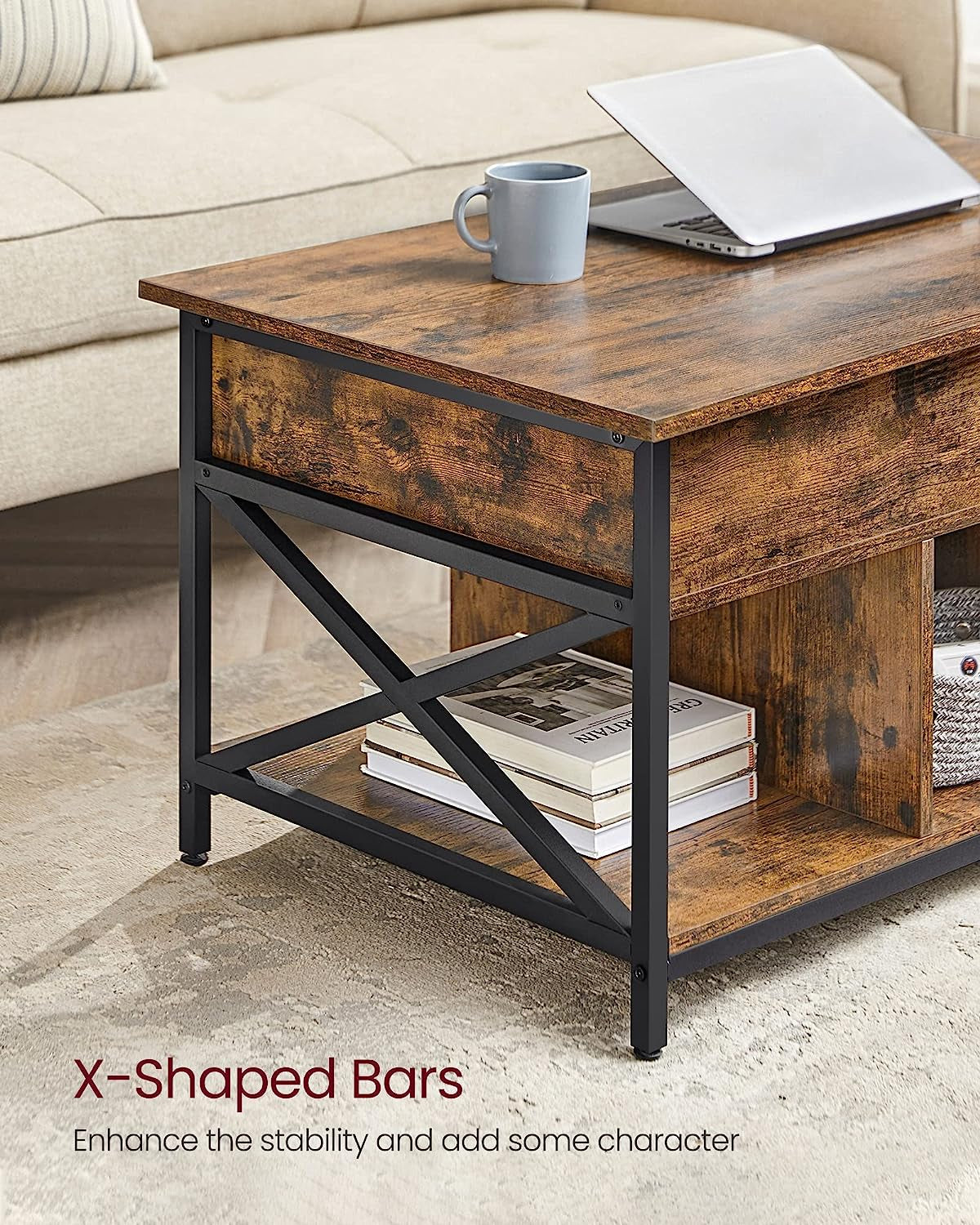 Rustic Brown Lift-Top Coffee Table with Hidden Storage and X-Shaped Bars