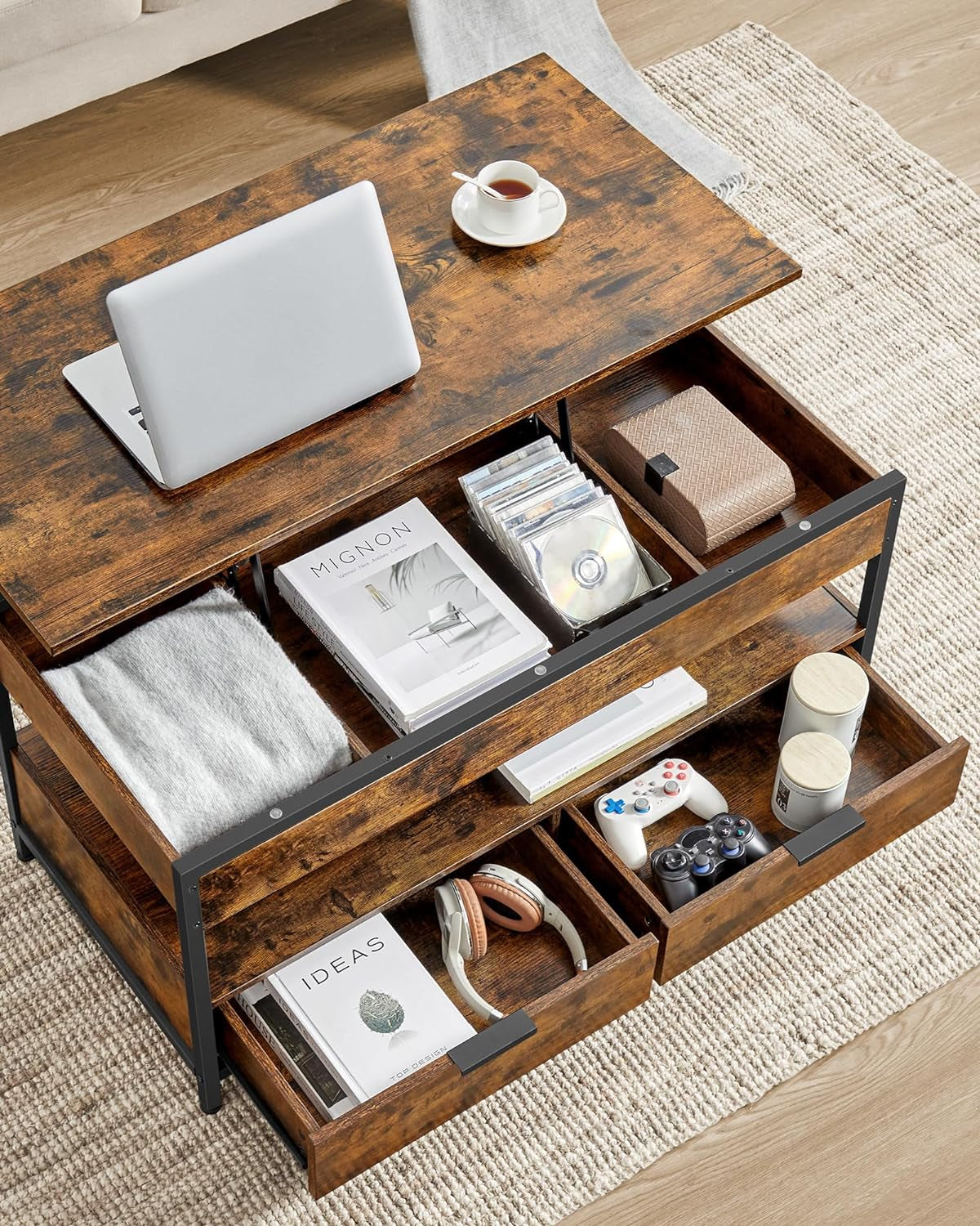 Rustic Brown Lift Top Coffee Table with Hidden Storage and Drawers