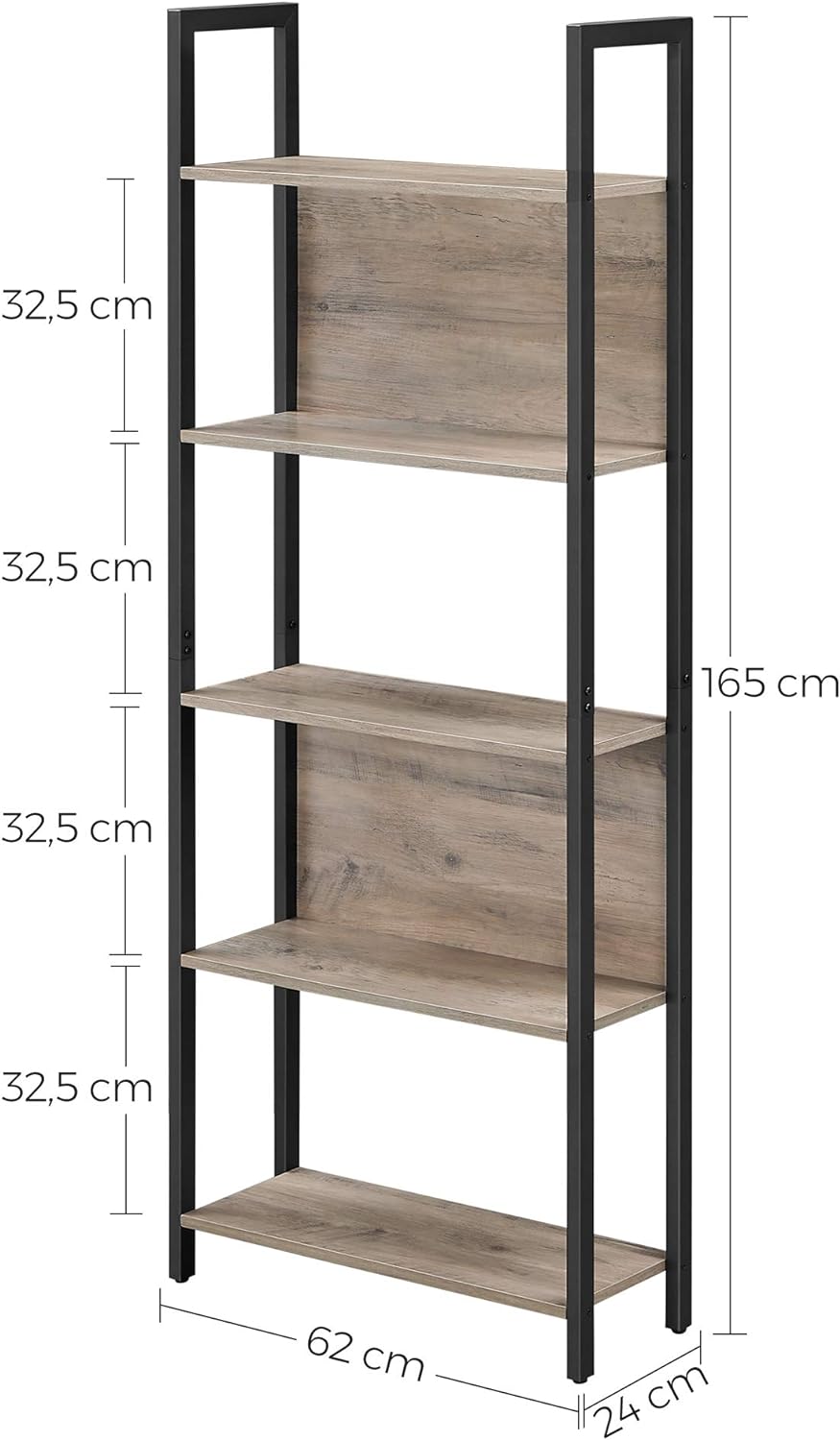 Industrial Style Greige Bookshelf with 5 Shelves