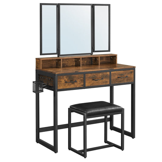 Industrial Style Dressing Table Vanity Table Mirror Makeup Desk Rustic Brown and Black RVT004B01