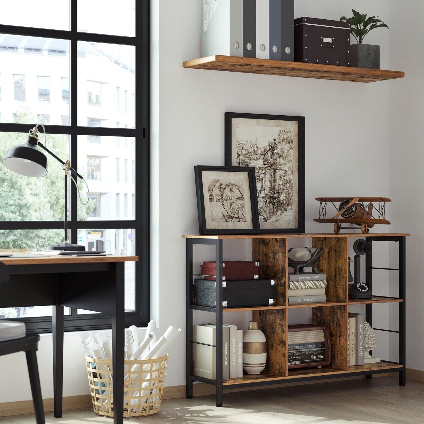 Industrial Style Bookshelf Bookcase Shelving Unit Console Table Rustic Brown Black