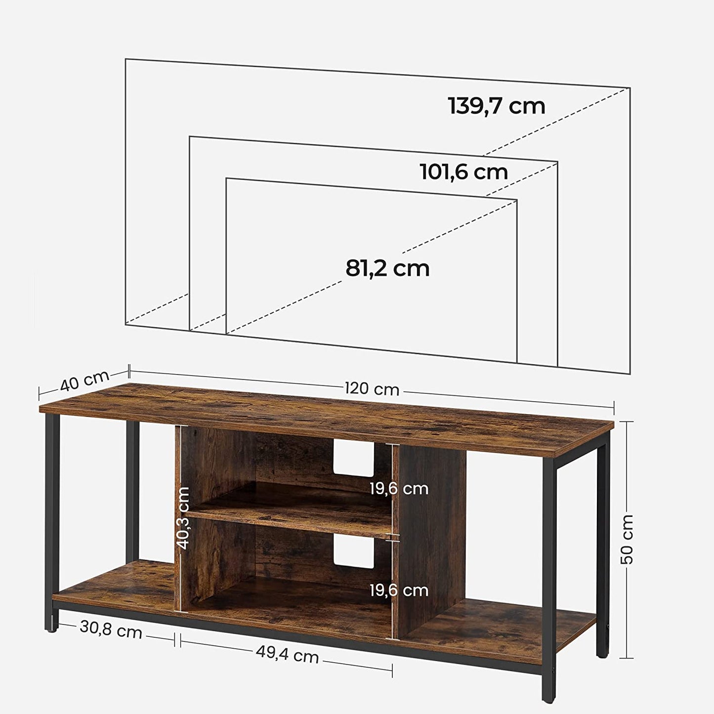 TV Stand for TV up to 55 Inches, TV Cabinet with Open Storage 120 cm