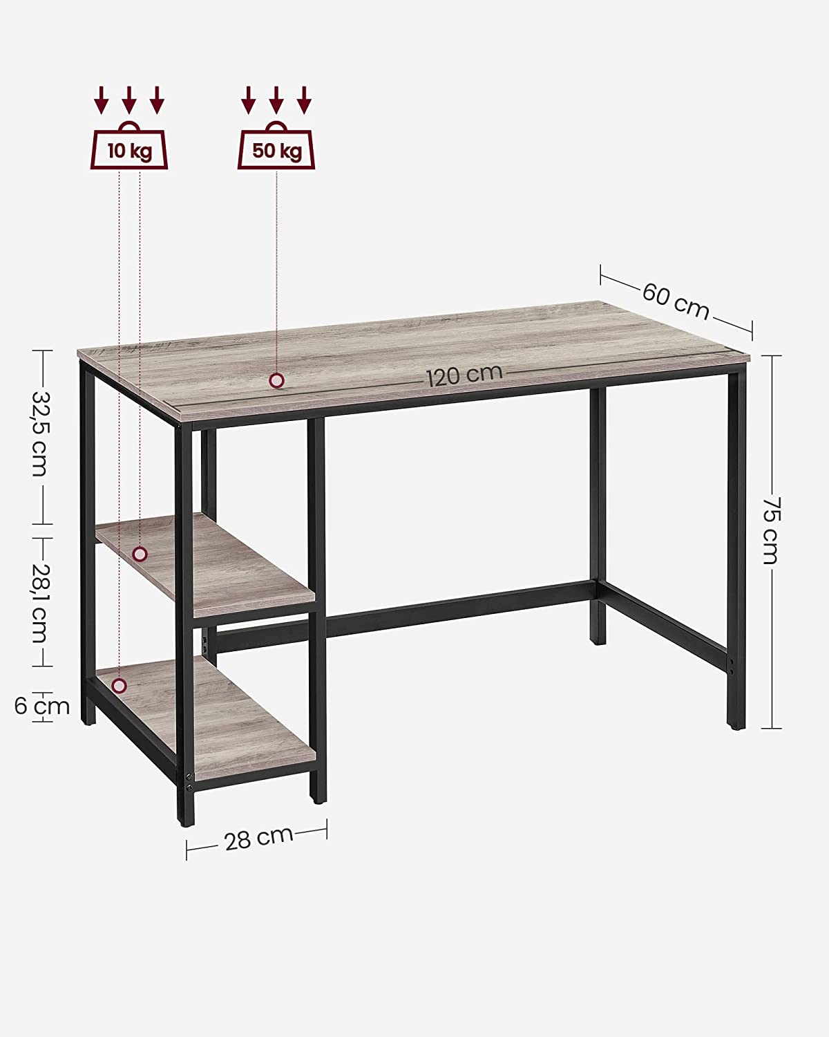 Greige Computer Desk with 2 Shelves