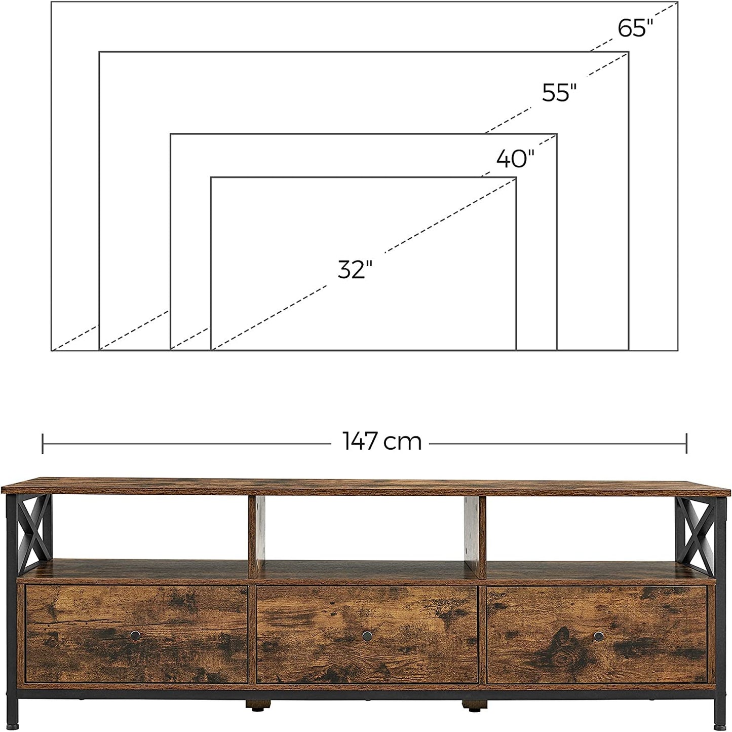 XXL TV Stand Cabinet TV Unit with 3 Drawers and Storage Shelves Steel Frame