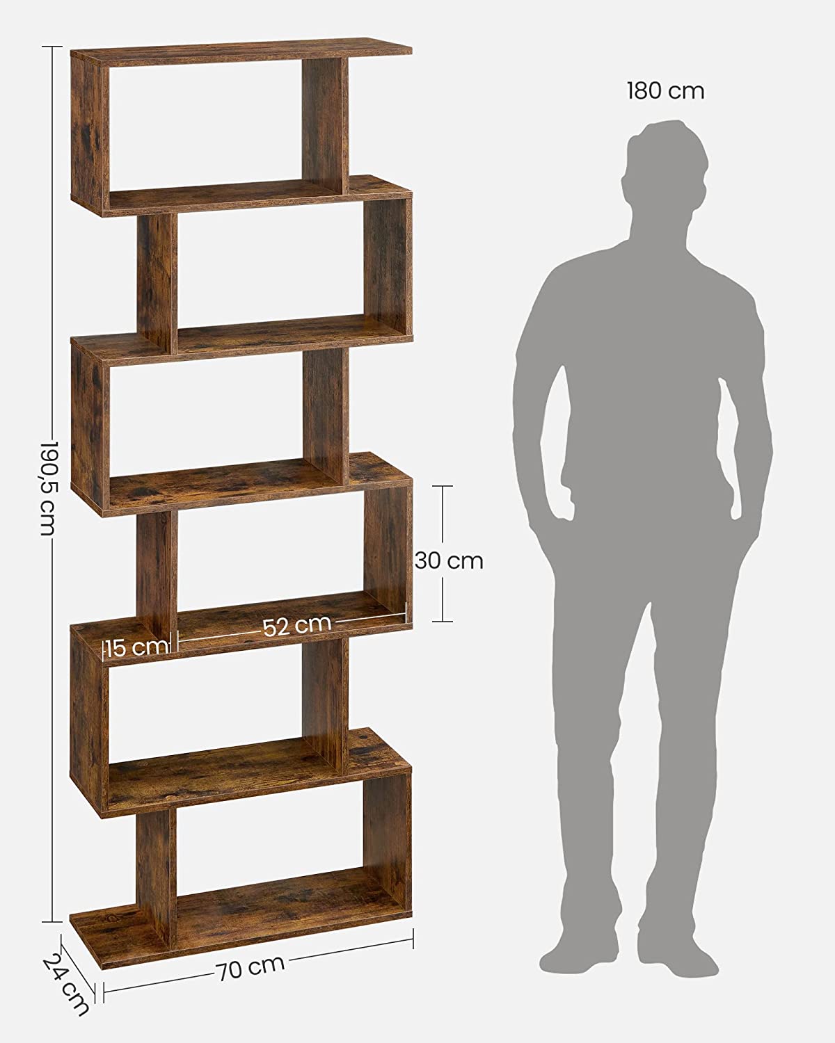 Retro Bookcase S Shape Shelving Unit 6 Tier Display Storage Shelf Wooden