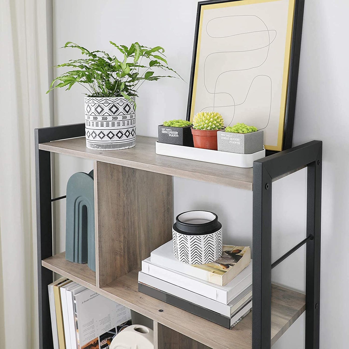 Bookshelf,Bookcase,Large 4-Tier Storage Shelf,Greige and Black