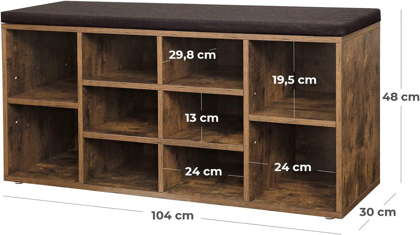 Shoe Storage Rack Cabinet Shoe Bench Shoe Shelf 10 Compartments with Cushion Rustic Brown