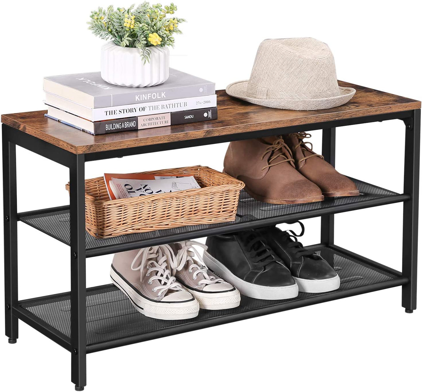 Shoe Bench with Seat, Shoe Rack with 2 Shelves, Shoe Storage Organiser