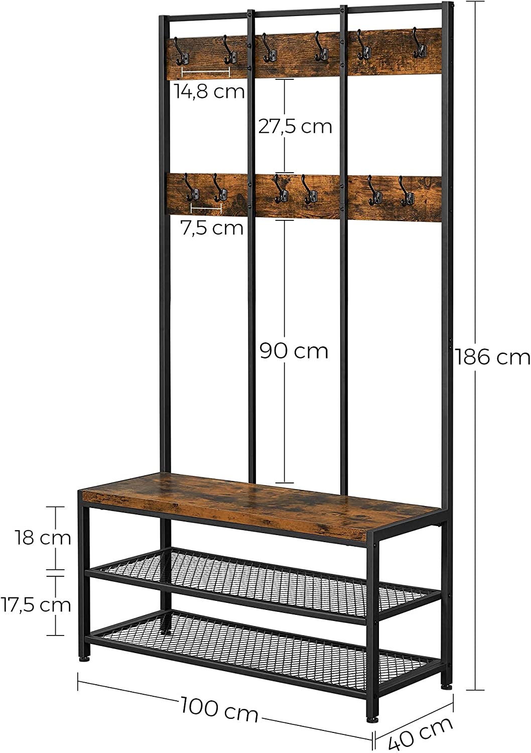 XXL Hall Tree Coat Rack with Shoe Bench Metal hat and coat stand Shelf