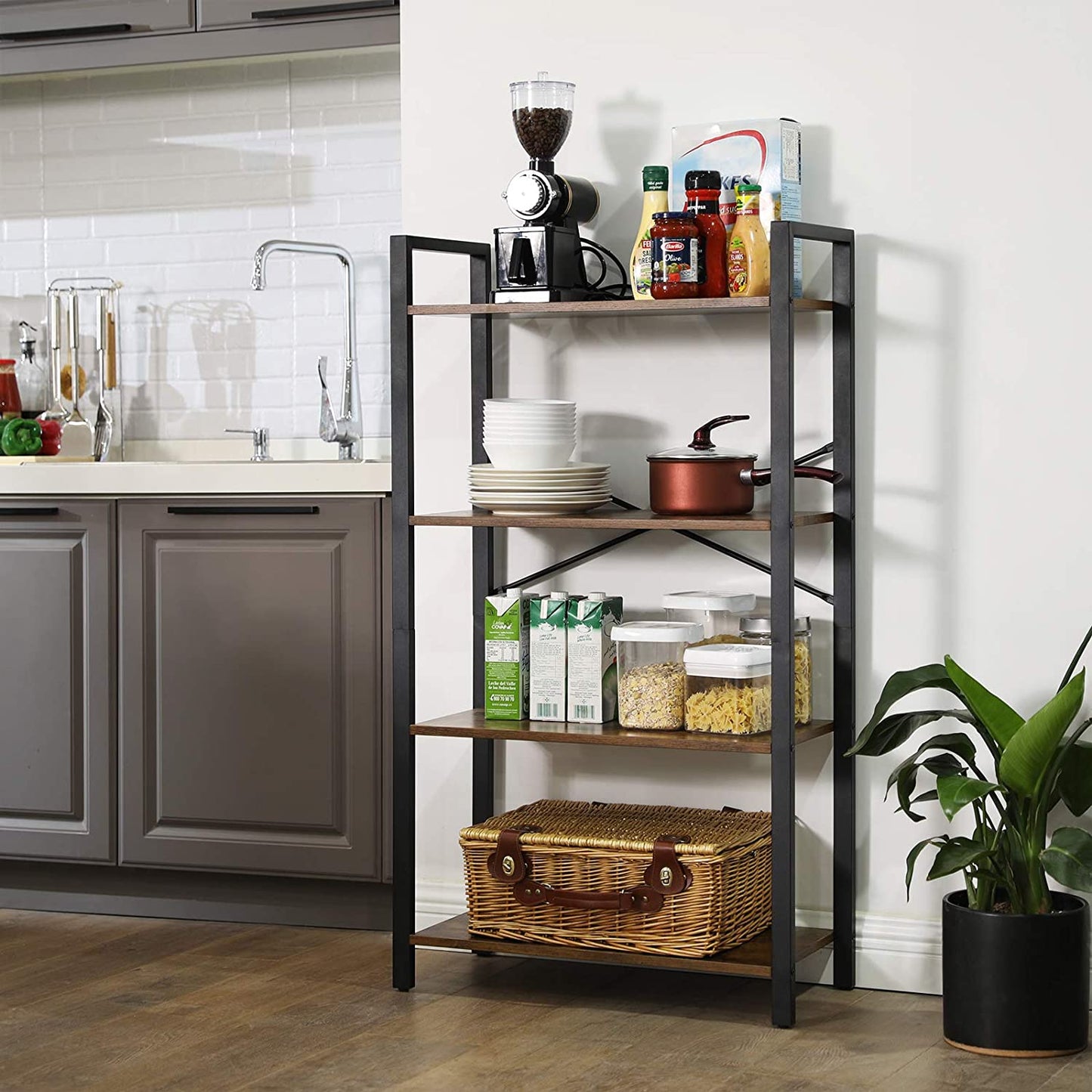 Industrial Style 4-Tier Bookshelf, Storage Rack with Steel Frame