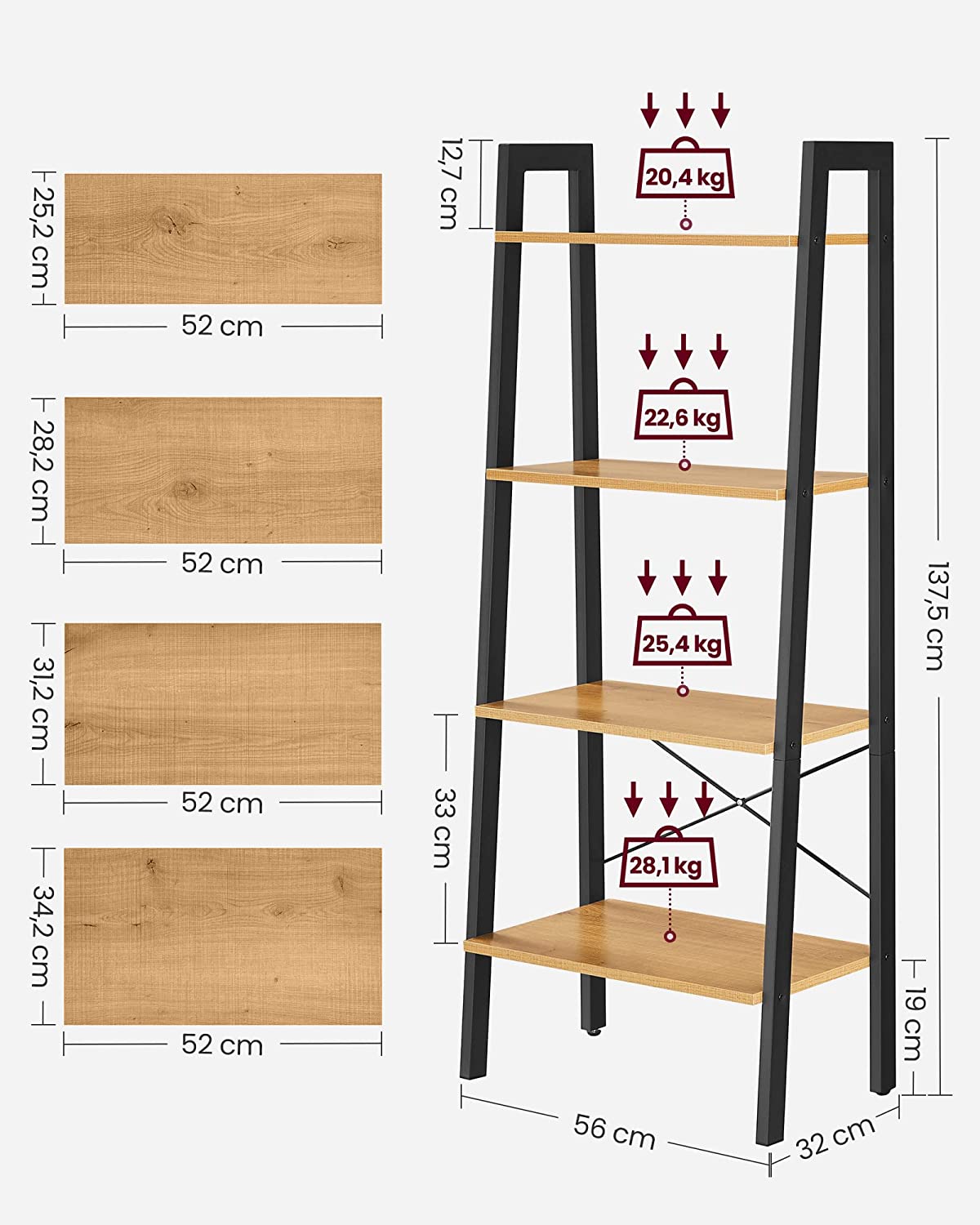 Industrial Style Bookshelf Ladder Shelf Honey Brown and Black