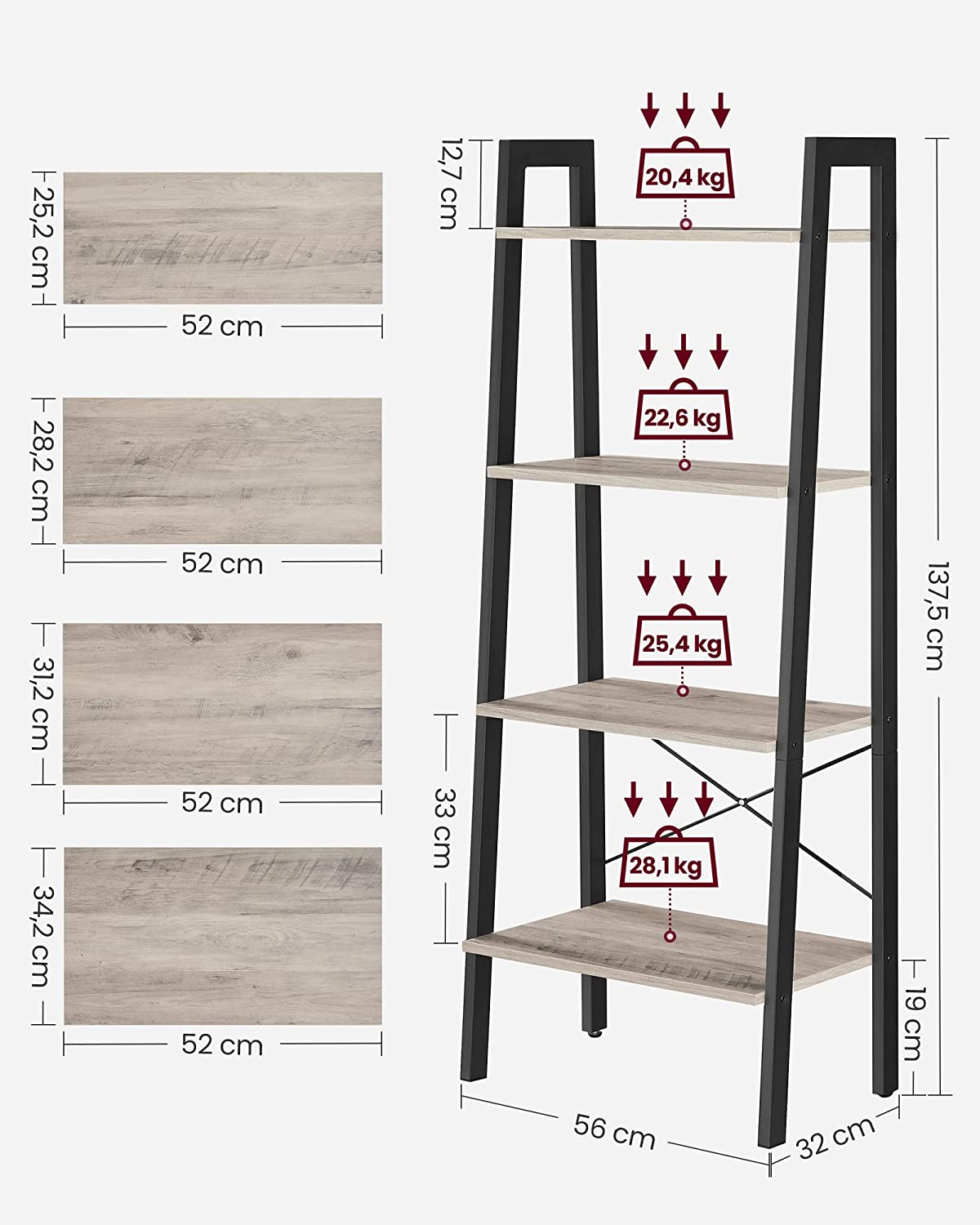 Ladder Shelf, 4-Tier Bookshelf, Greige and Black