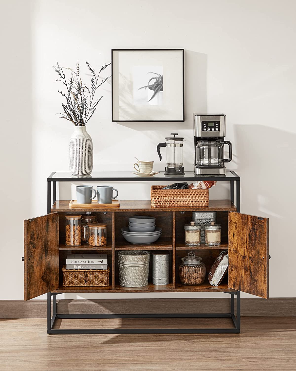 Side Cabinet, Sideboard Storage Cabinet with Glass Surface