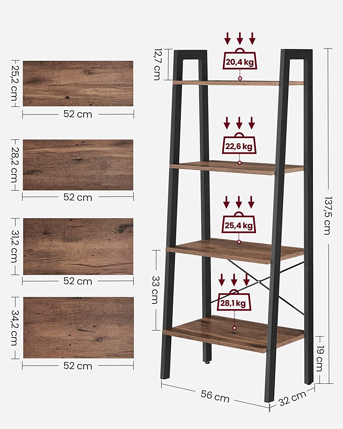 Industrial Style 4 Tier Bookshelf Hazelnut Brown Storage Rack Ladder shelf