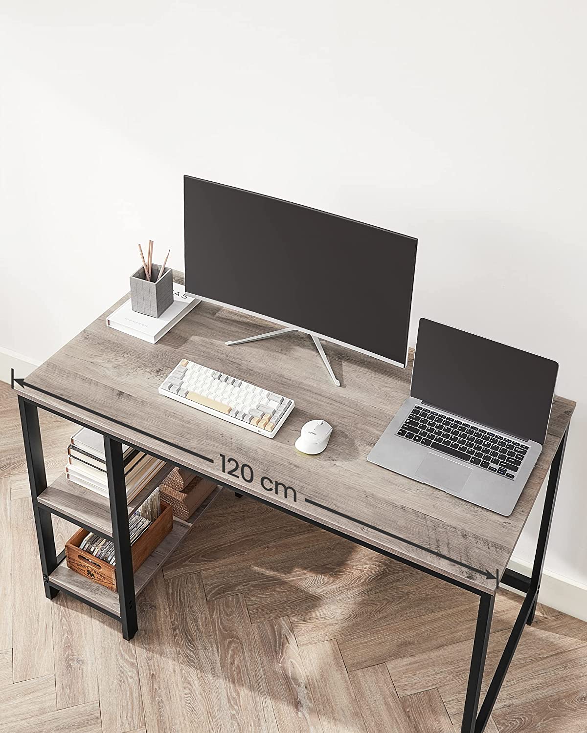 Greige Computer Desk with 2 Shelves