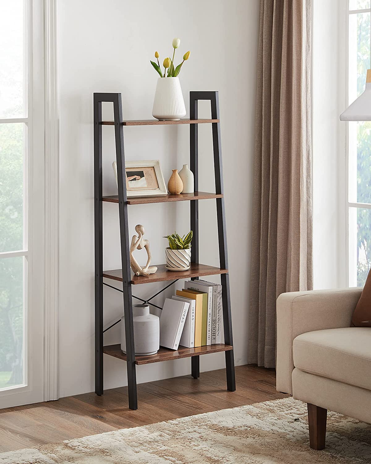 Industrial Style 4 Tier Bookshelf Hazelnut Brown Storage Rack Ladder shelf