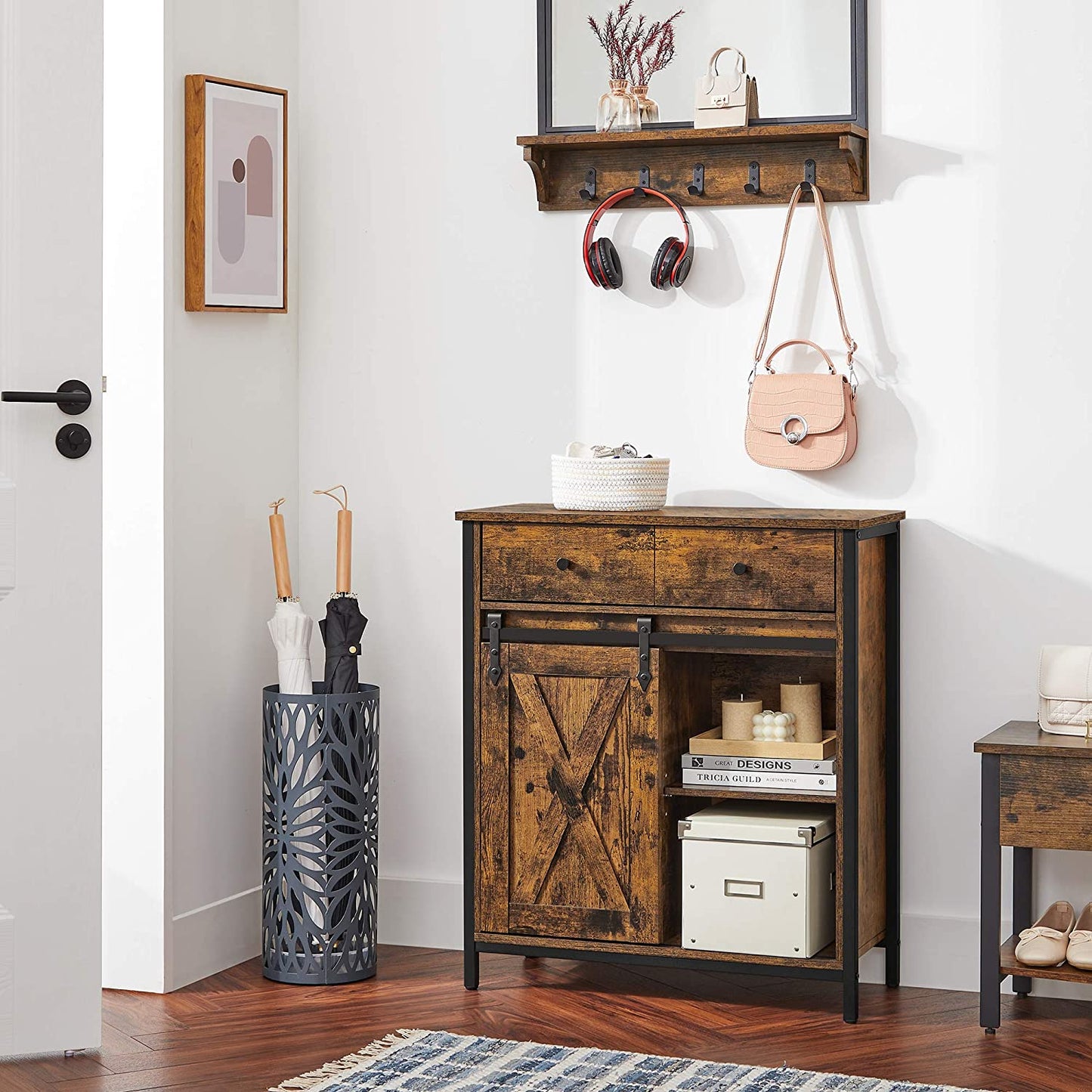 Storage Sideboard with Barn Door Rustic Brown Black