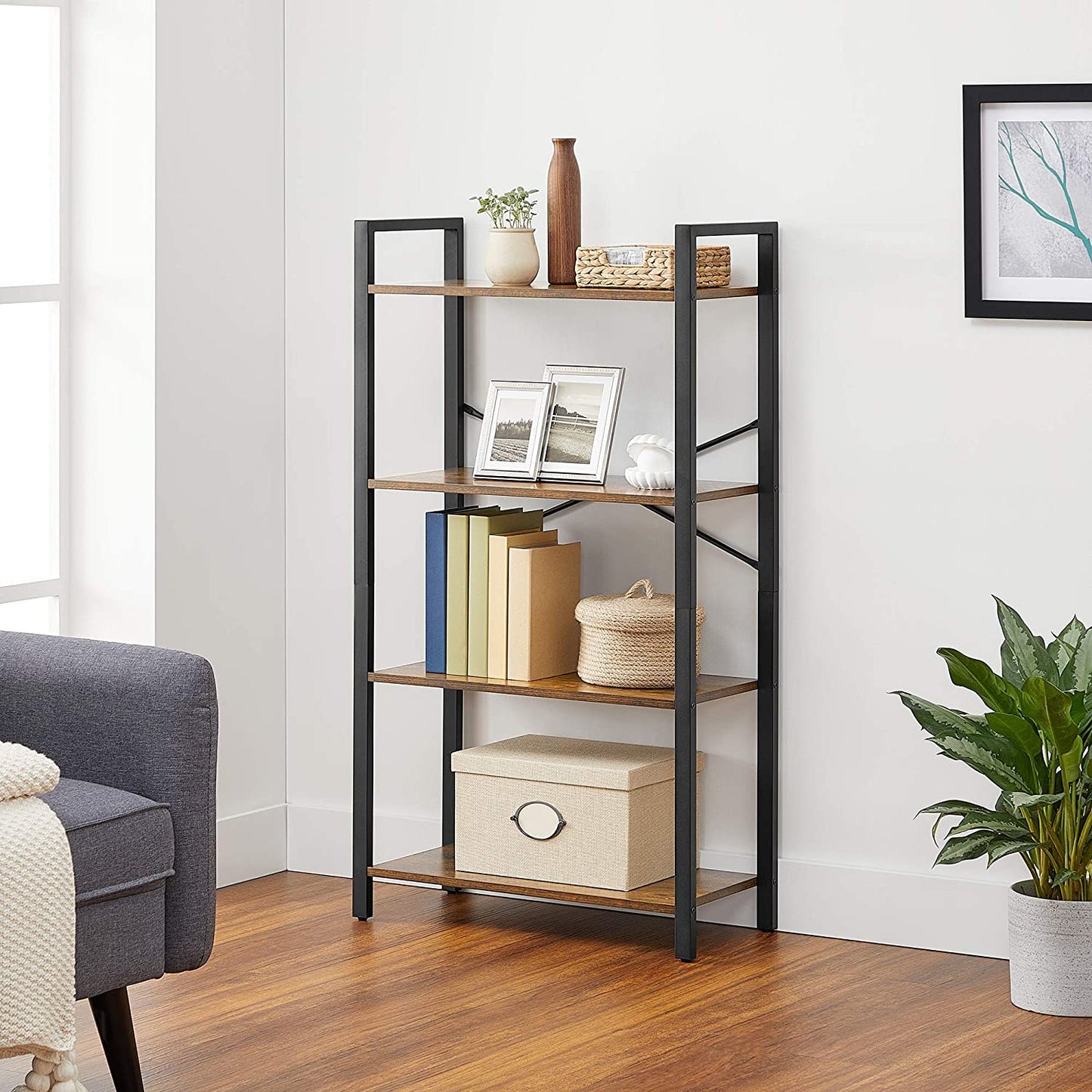 Industrial Style 4-Tier Bookshelf, Storage Rack with Steel Frame